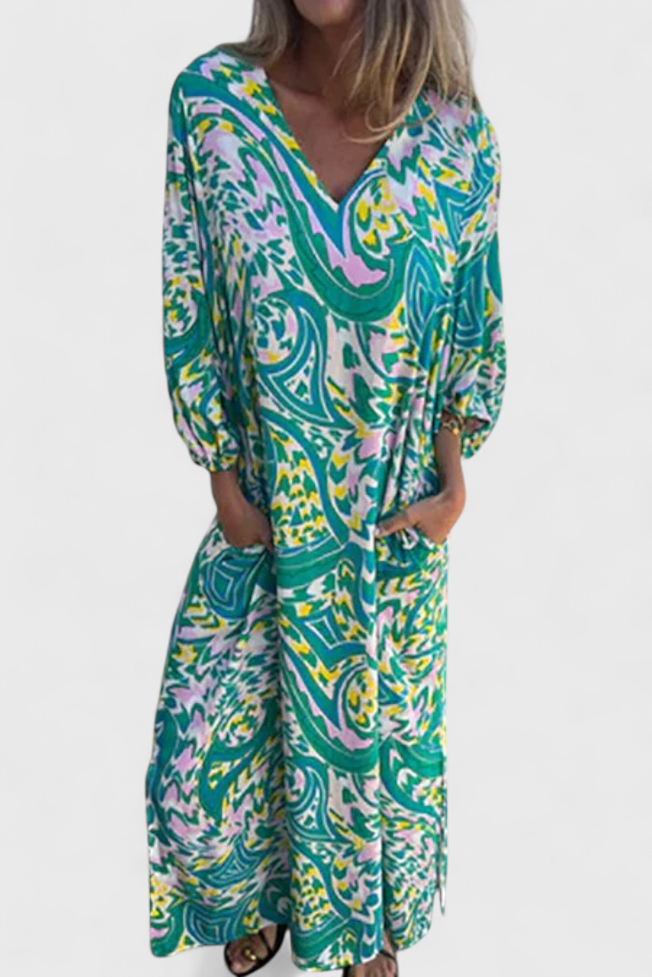 Carmina Vestido Maxi Bohemio con Escote en V y Estampado Abstracto