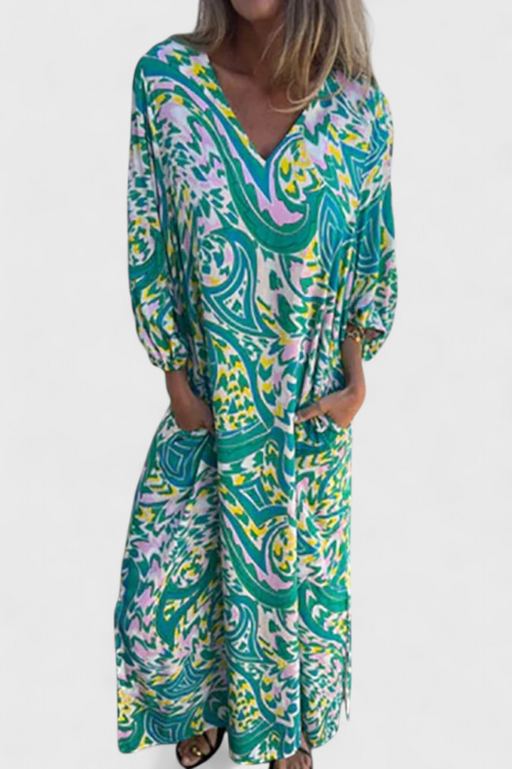 Carmina Vestido Maxi Bohemio con Escote en V y Estampado Abstracto
