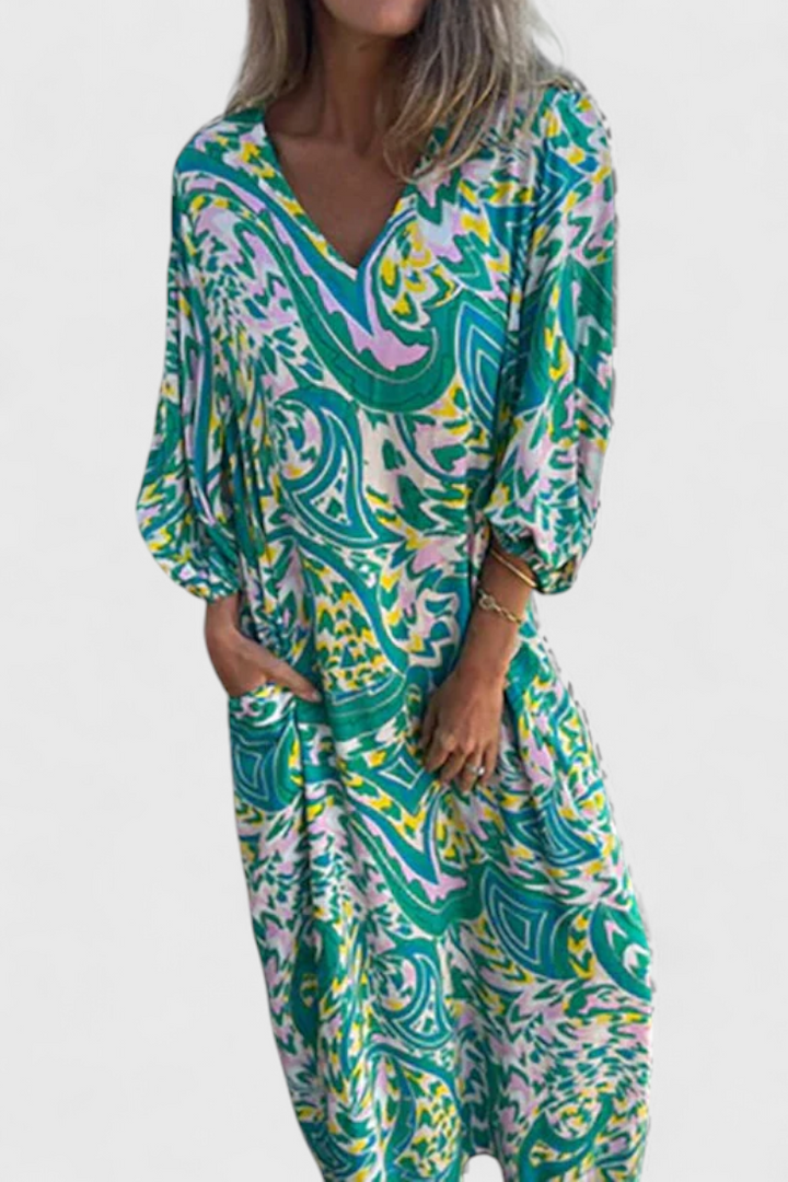 Carmina Vestido Maxi Bohemio con Escote en V y Estampado Abstracto