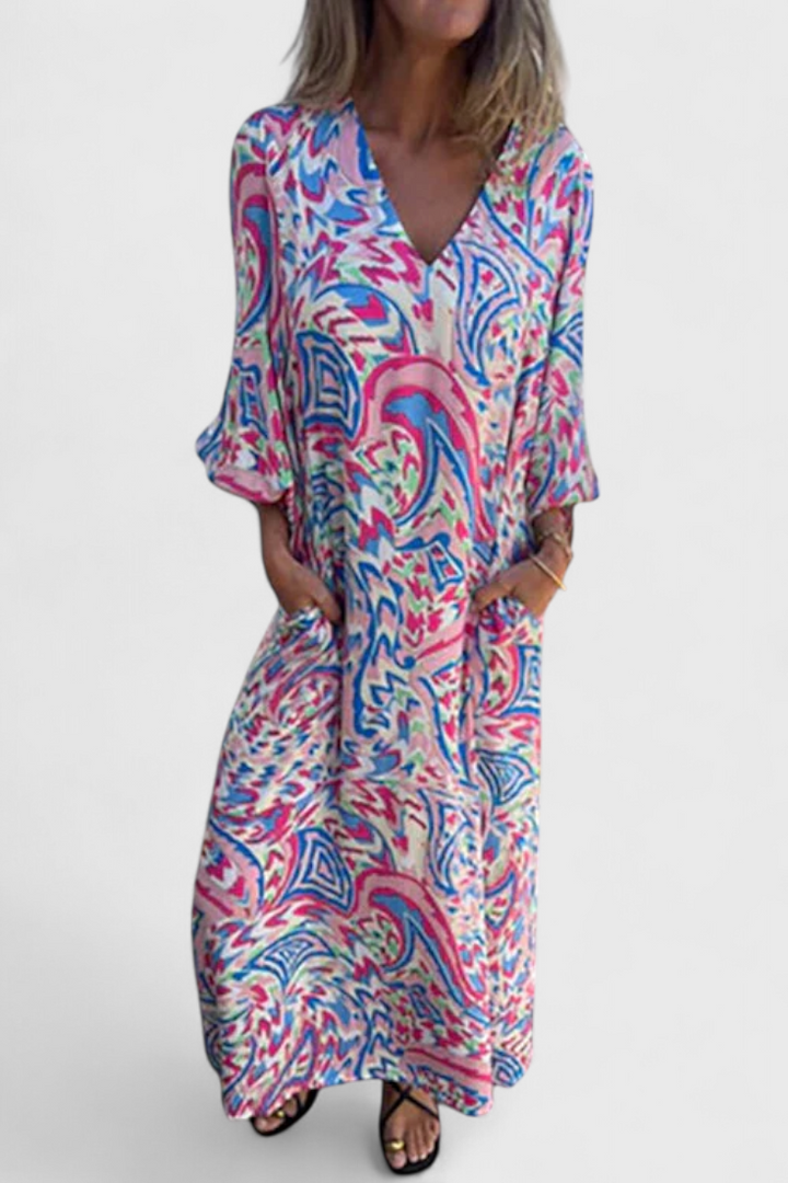 Carmina Vestido Maxi Bohemio con Escote en V y Estampado Abstracto