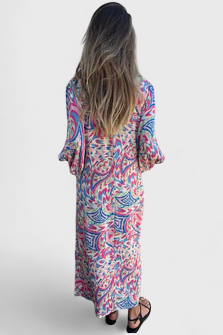 Carmina Vestido Maxi Bohemio con Escote en V y Estampado Abstracto
