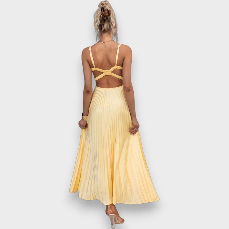Aby - Maxi vestido amarillo plisado con escote en V