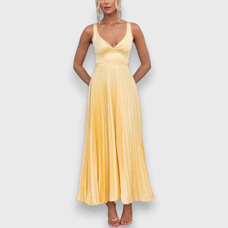 Aby - Maxi vestido amarillo plisado con escote en V