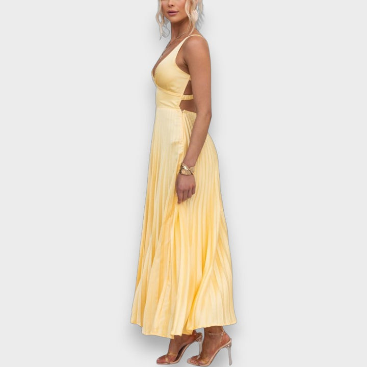 Aby - Maxi vestido amarillo plisado con escote en V