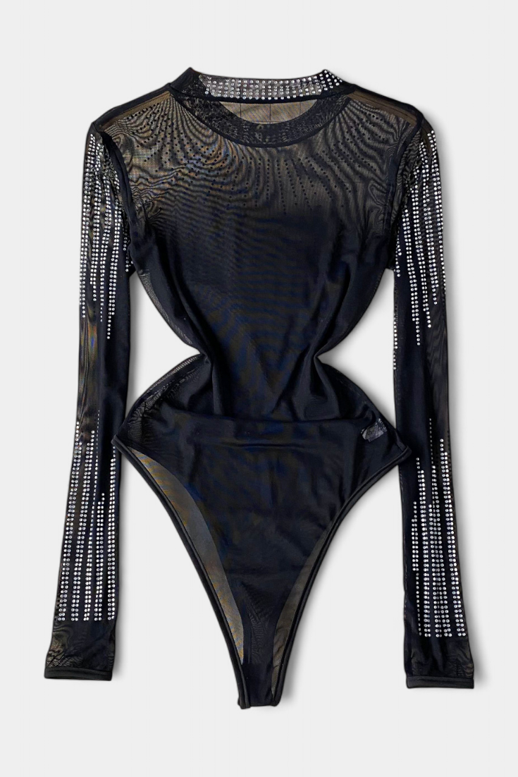 Antonella Body de Malla Transparente con Mangas Largas y Brillos