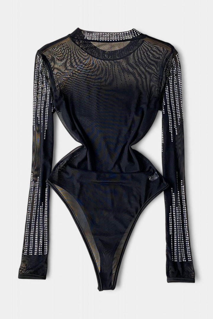Antonella Body de Malla Transparente con Mangas Largas y Brillos