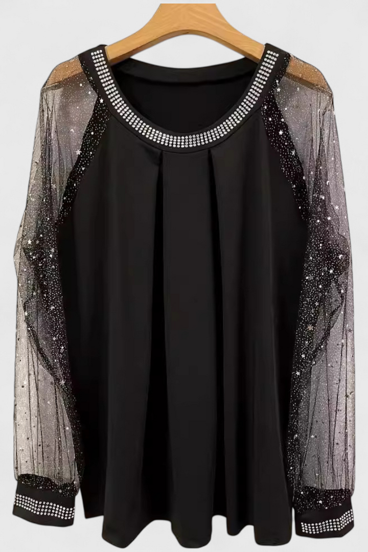 Flor Blusa Elegante con Mangas de Tul y Acentos de Strass