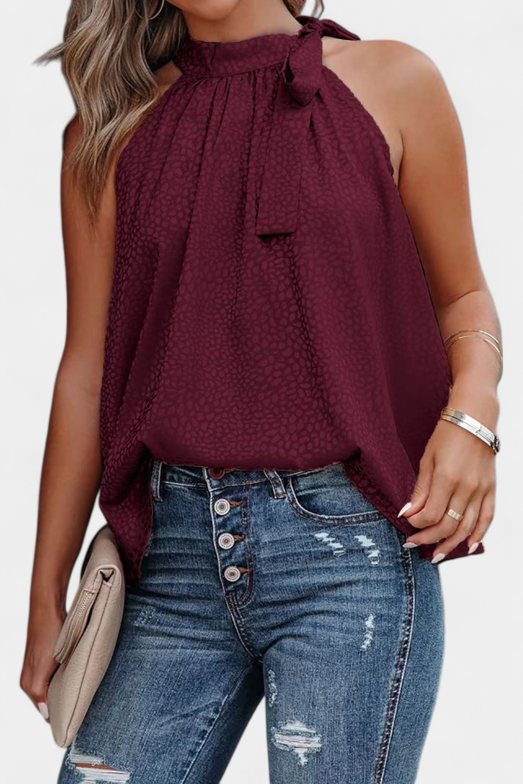 Adela Top sin Mangas de Leopardo con Cuello Alto y Lazo