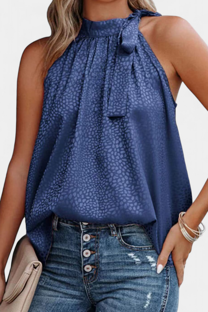 Adela Top sin Mangas de Leopardo con Cuello Alto y Lazo