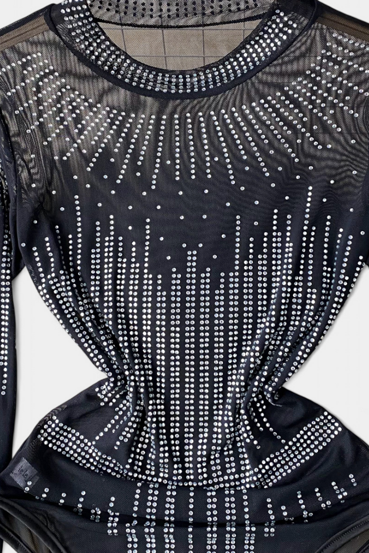 Antonella Body de Malla Transparente con Mangas Largas y Brillos