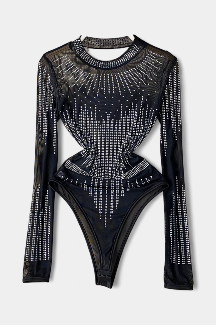 Antonella Body de Malla Transparente con Mangas Largas y Brillos