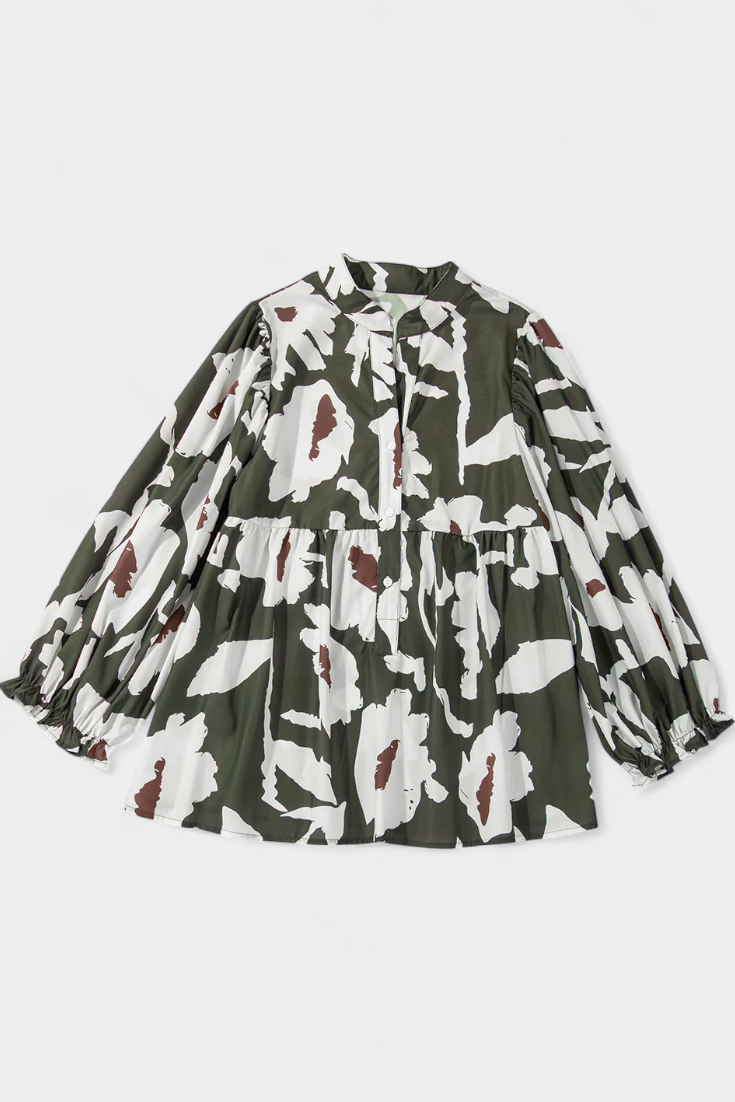 Filomena Blusa con Media Botonadura y Manga Abullonada en Estampado Floral Abstracto