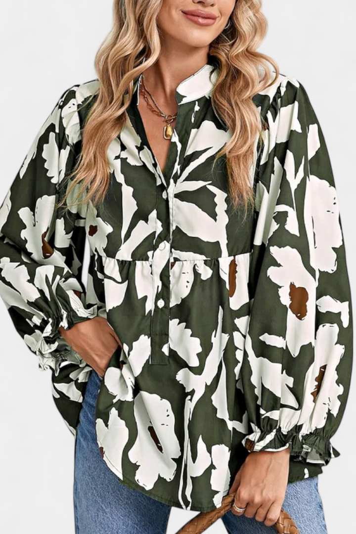 Filomena Blusa con Media Botonadura y Manga Abullonada en Estampado Floral Abstracto