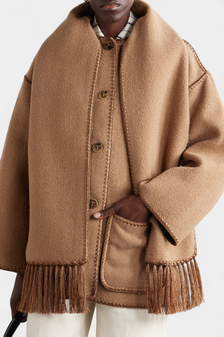 Pauline | Abrigo de Corte Suelto con Bufanda de Flecos Incorporada