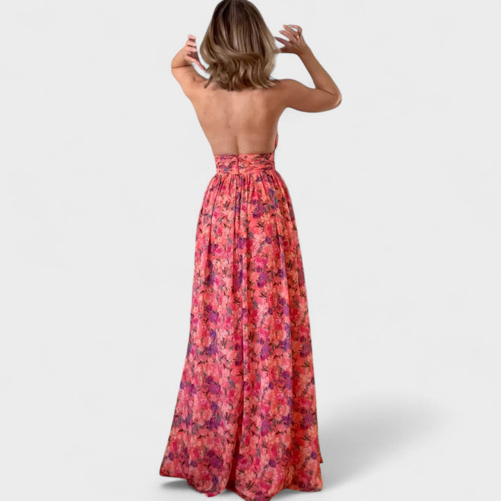 Isa Luna | Vestido maxi sin espalda con estampado floral